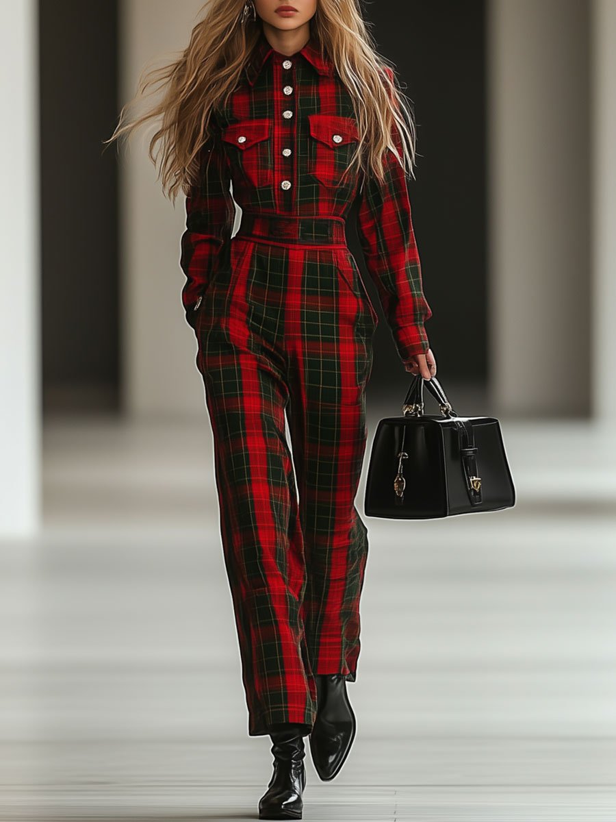 Casual Loose Retro Woolen Red And Green Plaid Multi-Pocket Long-Sleeved Jumpsuit