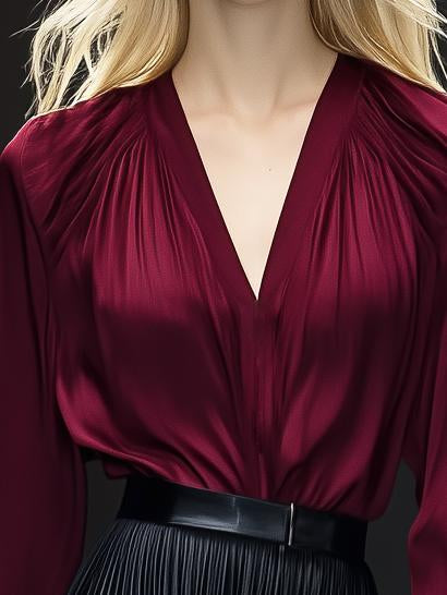 Classic All-Match V-Neck Burgundy Satin Long-Sleeved Shirt