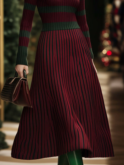 Fashion Retro Round Neck Woolen Burgundy And Green Striped Midi Dress