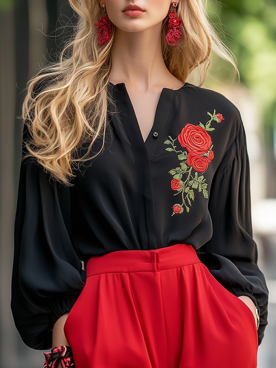 Retro Elegant Fashion Rose Embroidery Black Shirt