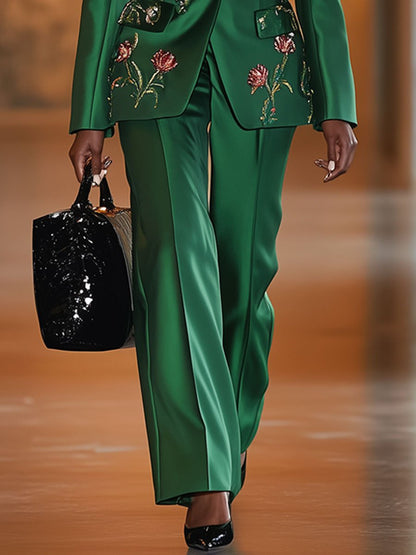 Casual Loose Retro Floral Embroidery Green Suit Jacket Wide Leg Pants Set