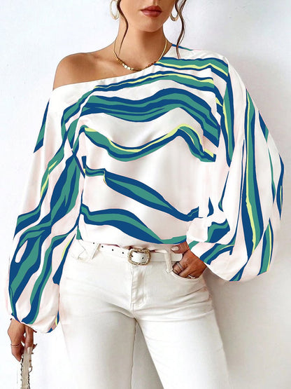 Loose Temperament Off-shoulder One-shoulder Collar Printed Shirt