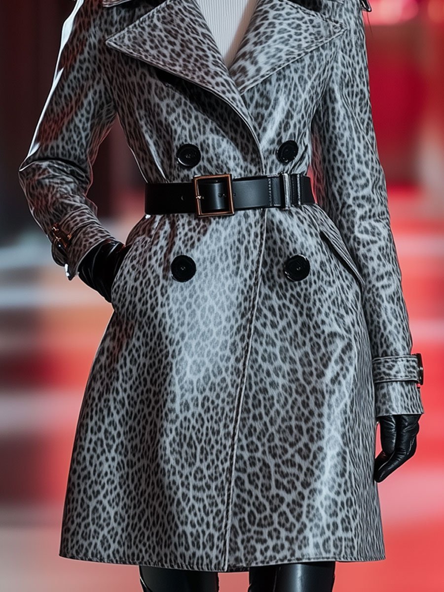 Casual Loose Retro Gray Leather 3d Leopard Print Trench Coat