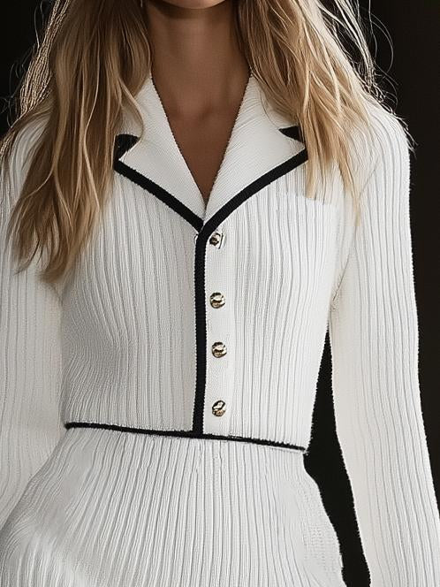 Elegant Hemmed Knitted White Long-Sleeved Jumpsuit