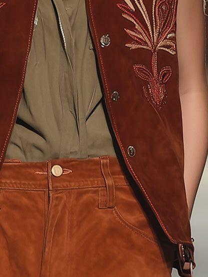 Vintage And Stylish Western Style Embroidered Suede Vest