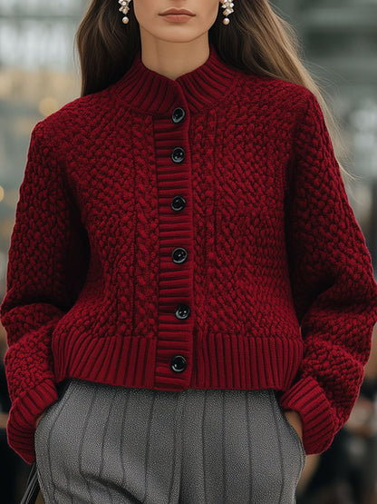 Casual Loose Retro Dark Red Cable Single-Breasted Wool Cardigan