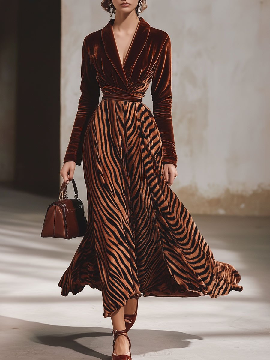 Fashion Retro Velvet Zebra Splicing Lapel Long Sleeve Midi Dress