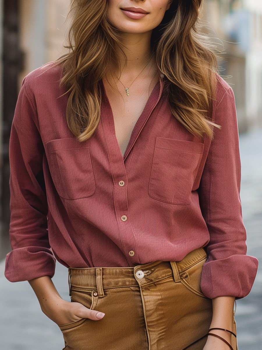 Casual Loose Pocket Corduroy Long Sleeve Blouse