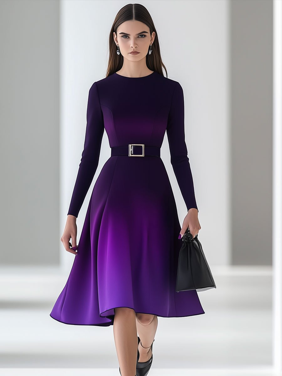 Fashion Retro Round Neck Purple Gradient Lace Long Sleeve Mini Dress