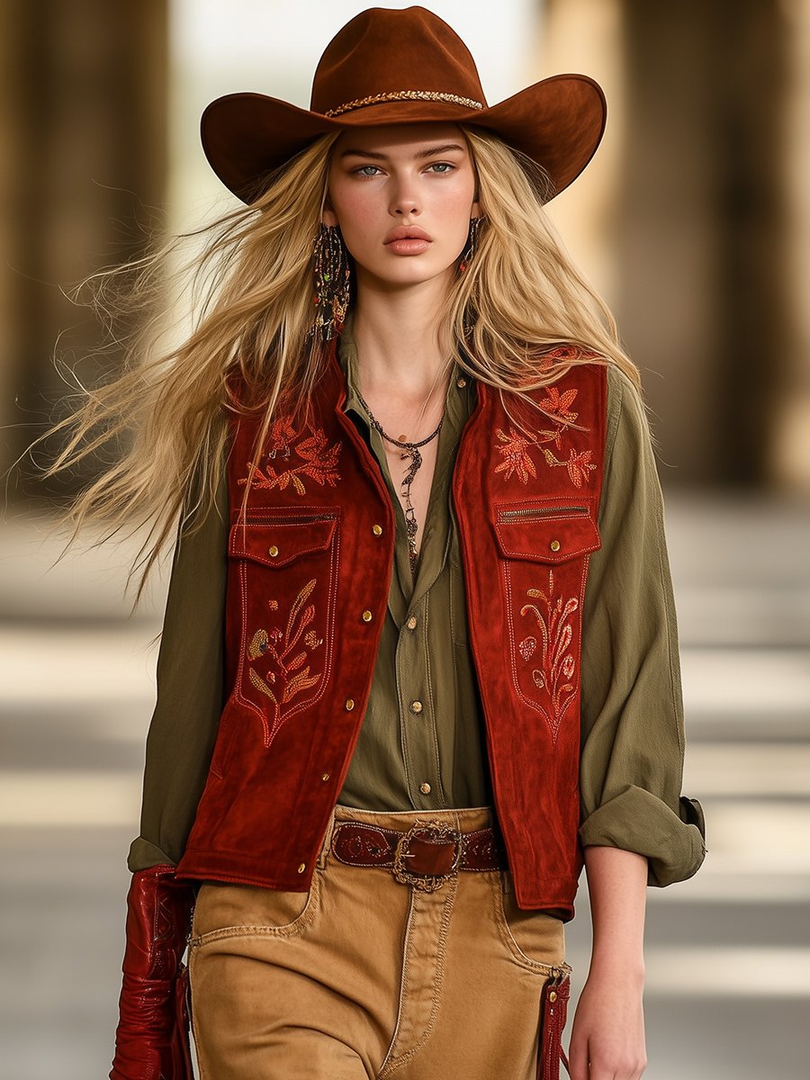 Retro And Stylish Western Style Embroidered Red Suede Vest