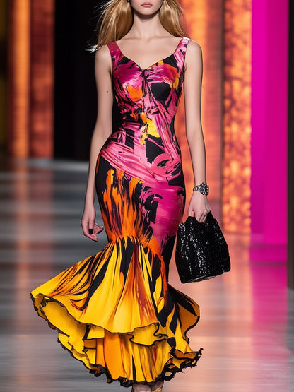 Elegant and Charming Pink, Orange and Black Abstract Printed Sleeveless Fishtail Maxi Dress