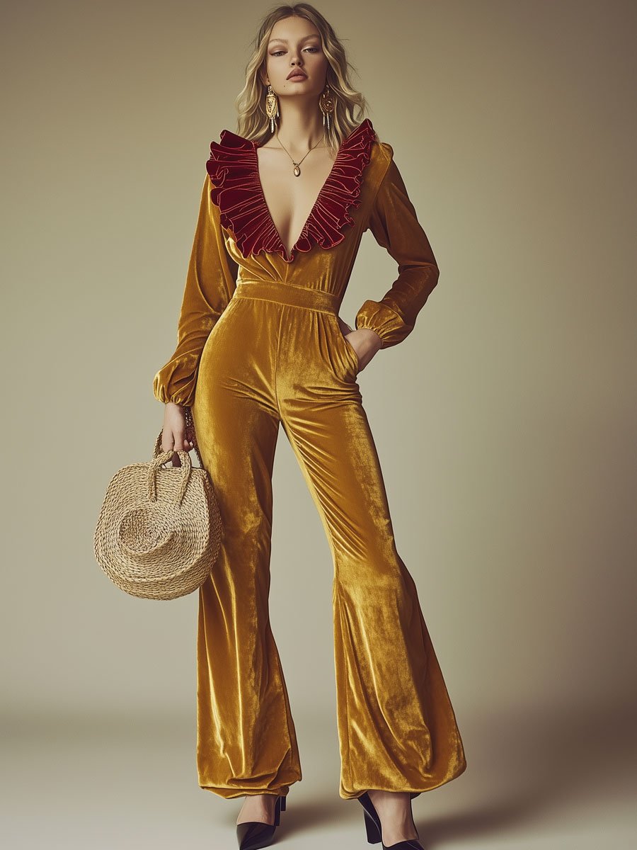 Fashion Party Golden V-neck Red Ruffle Long Sleeve Flared Velvet Jumpsuit