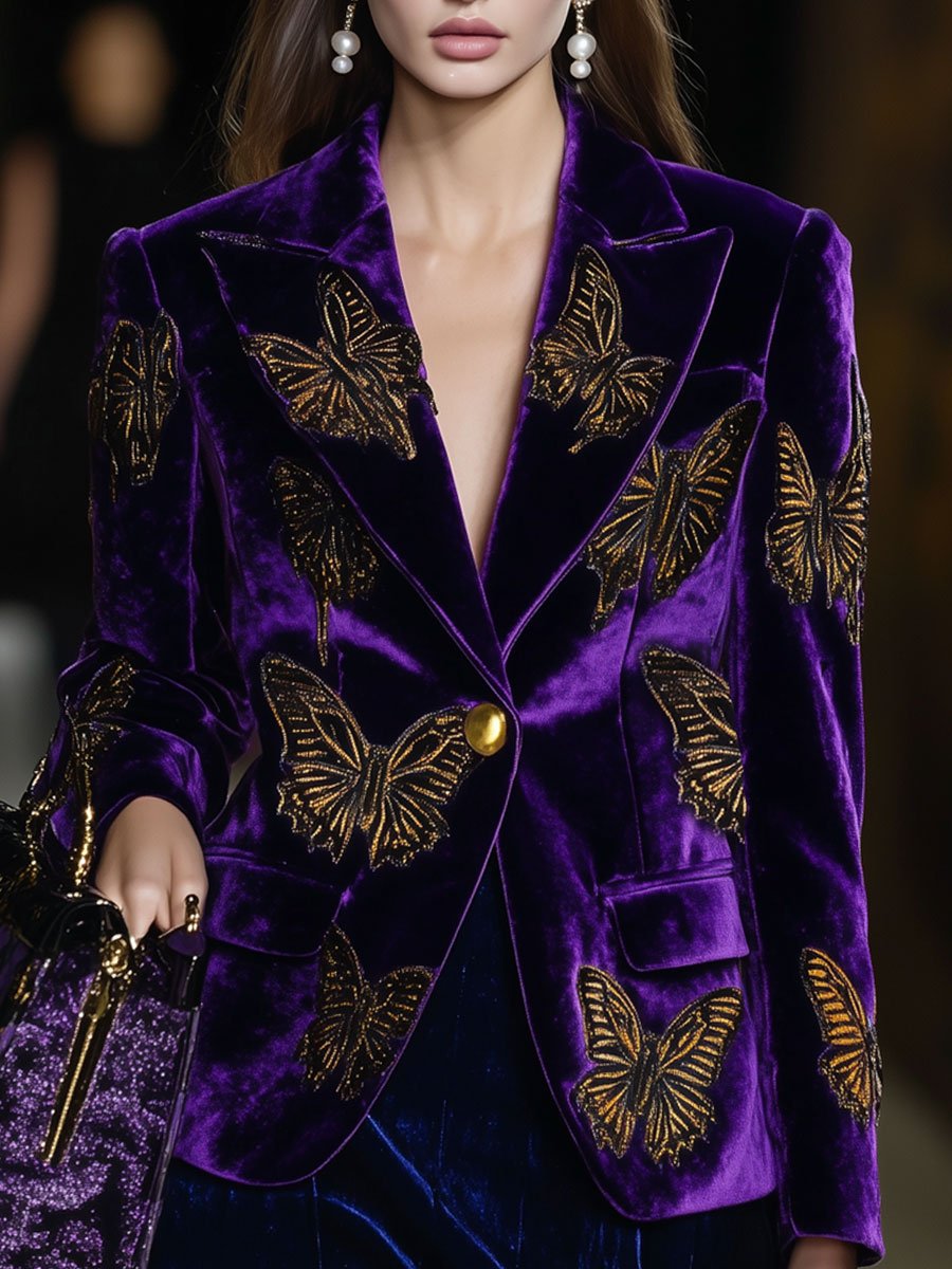 Casual Loose Retro Purple Velvet Gold Butterfly Print Blazer