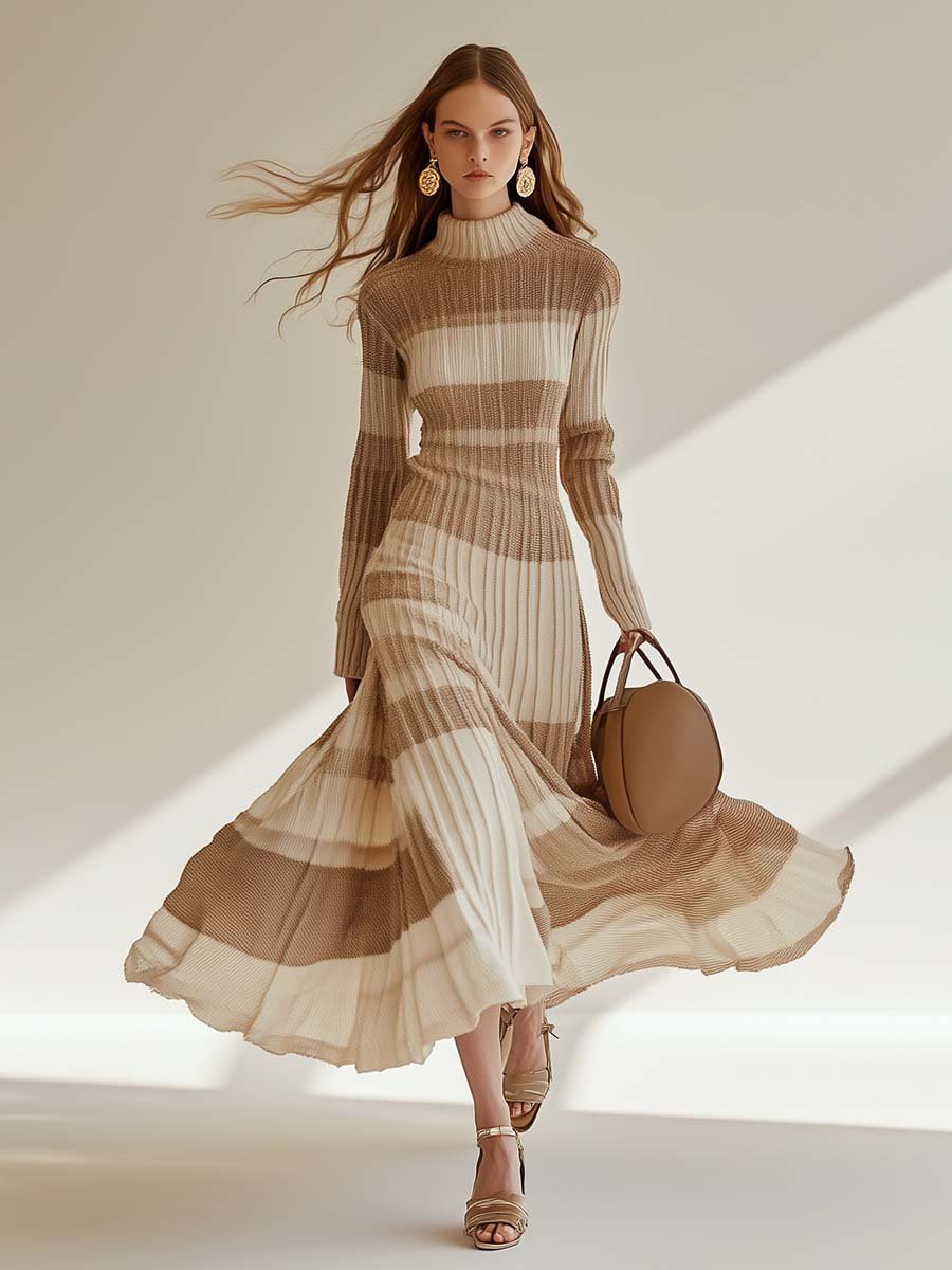 Elegant High Collar Beige Wide Stripes Contrast Knitted Maxi Dress