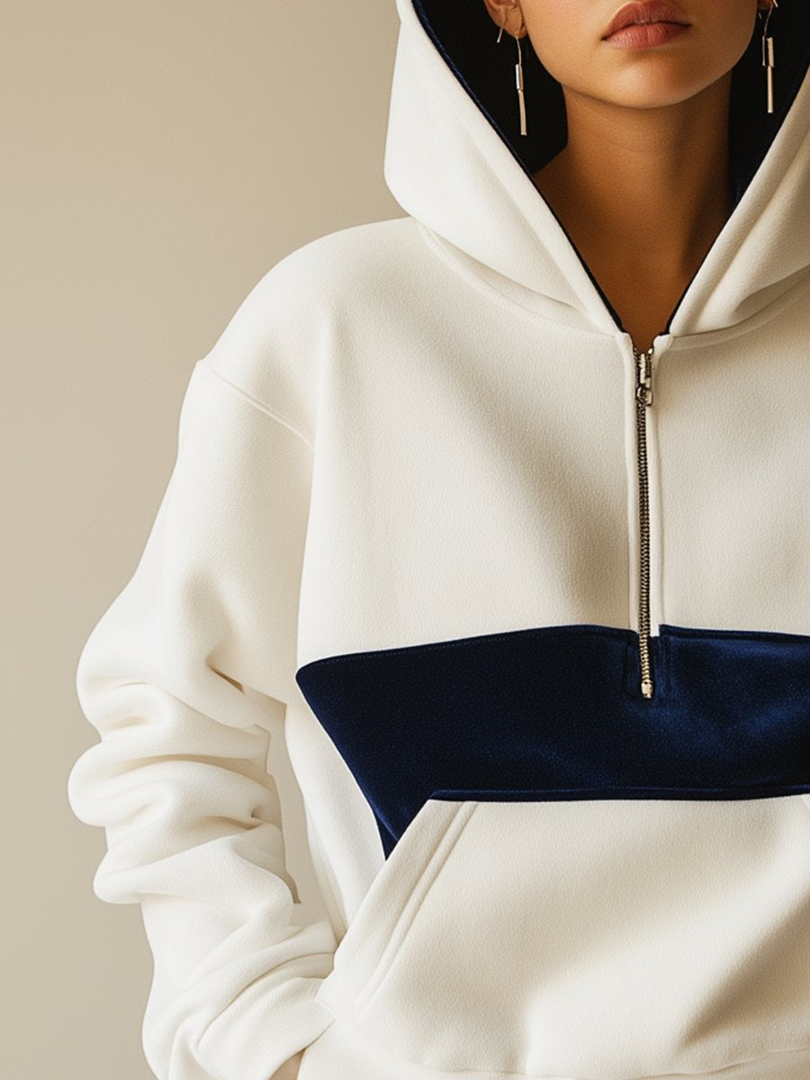 Fashionable Retro Casual Half Zipper Pocket White Hooded Sweatshirt