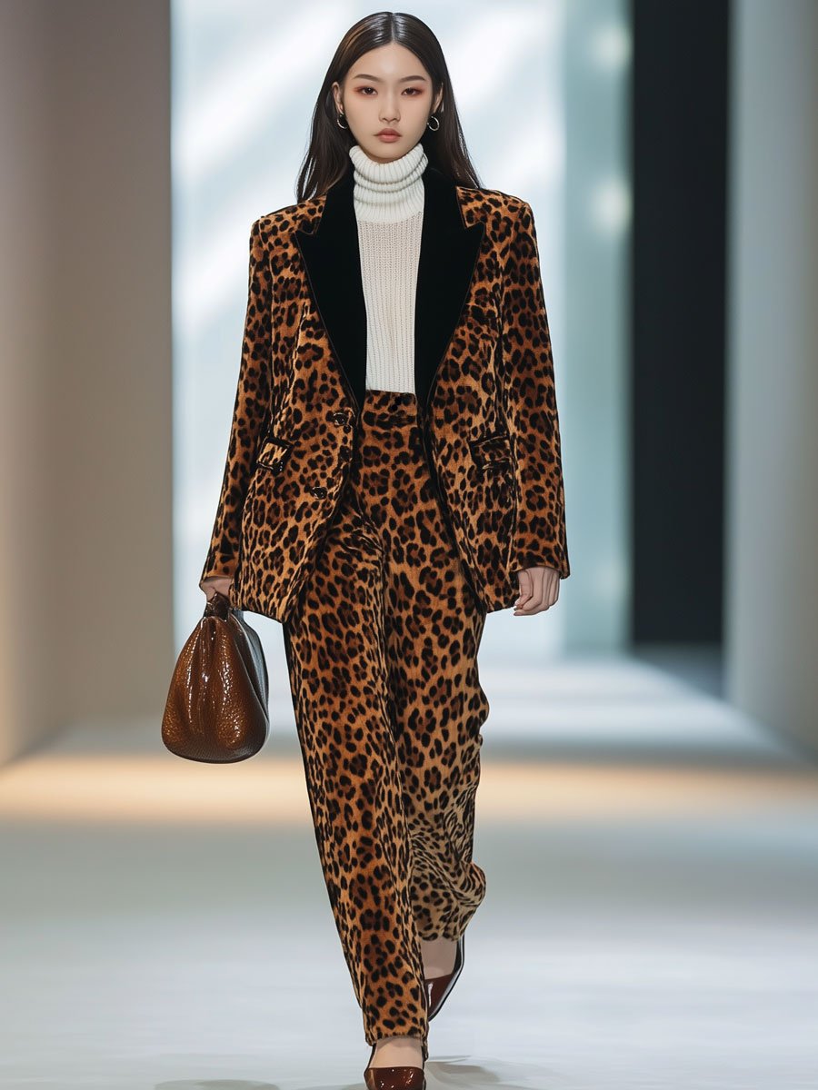 Casual Loose Retro Velvet Leopard Print Contrast Lapel Blazer