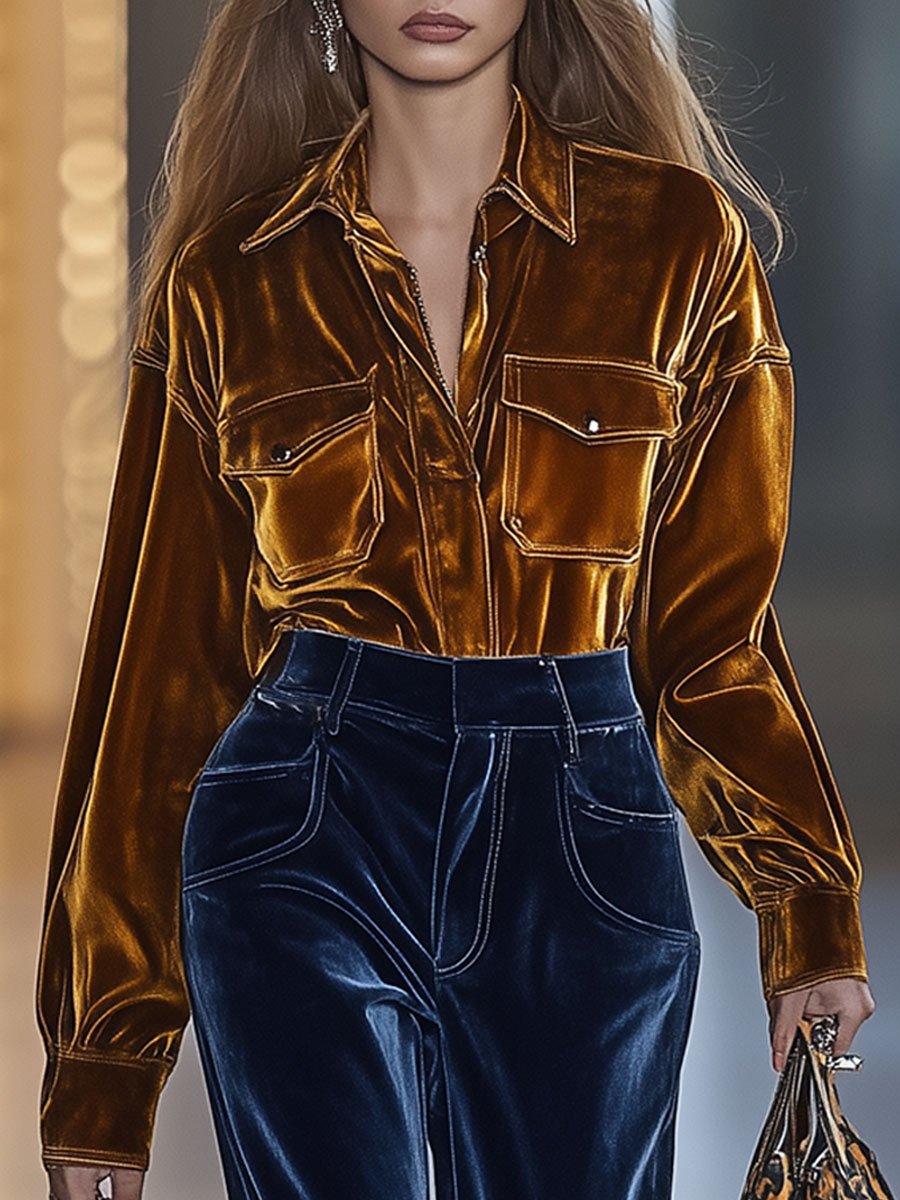 【24-hour shipping out】Casual Loose Retro Pocket Solid Velvet Long Sleeve Blouse