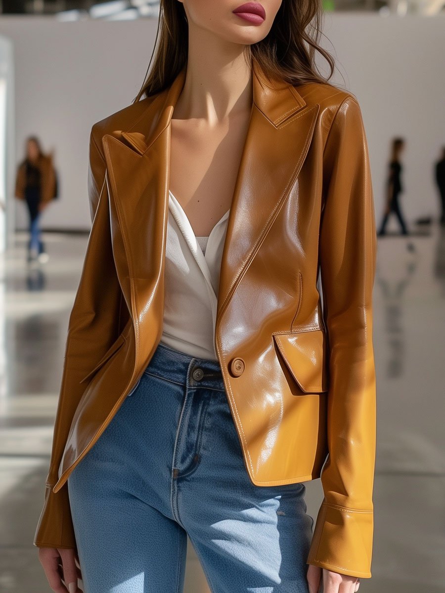 Casual Loose Pocket Vintage Leather Blazer