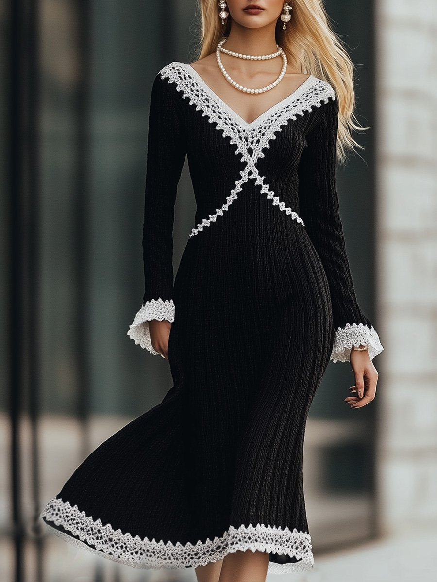 Sexy Elegant V-Neck Lace Decoration Black Knitted Midi Dress