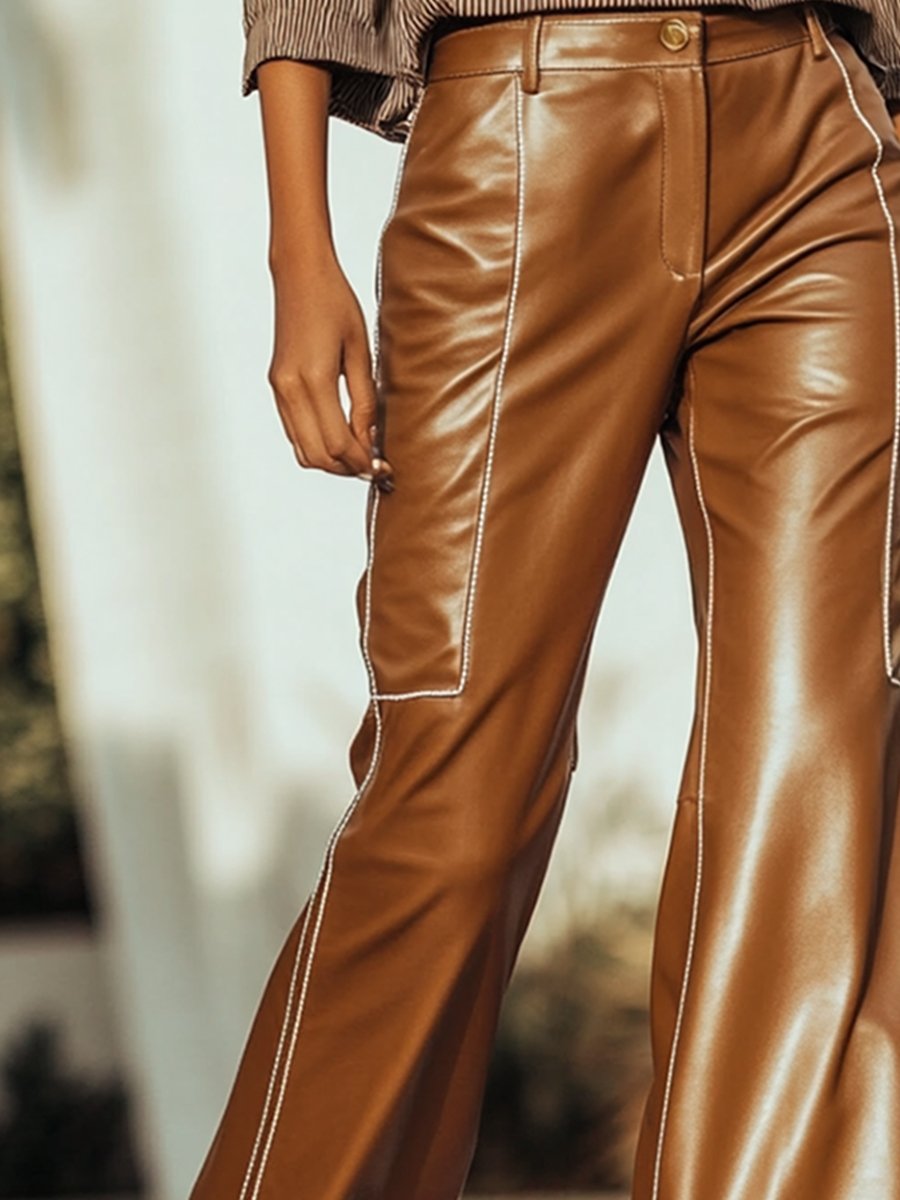 Retro Fashion Brown Pressed Matte Leather Straight Pants