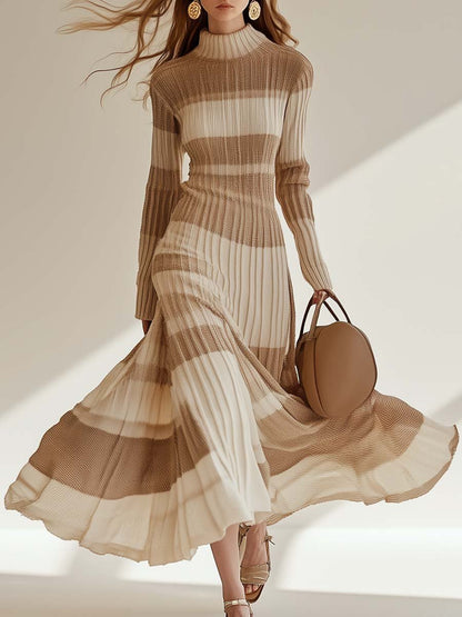 Elegant High Collar Beige Wide Stripes Contrast Knitted Maxi Dress