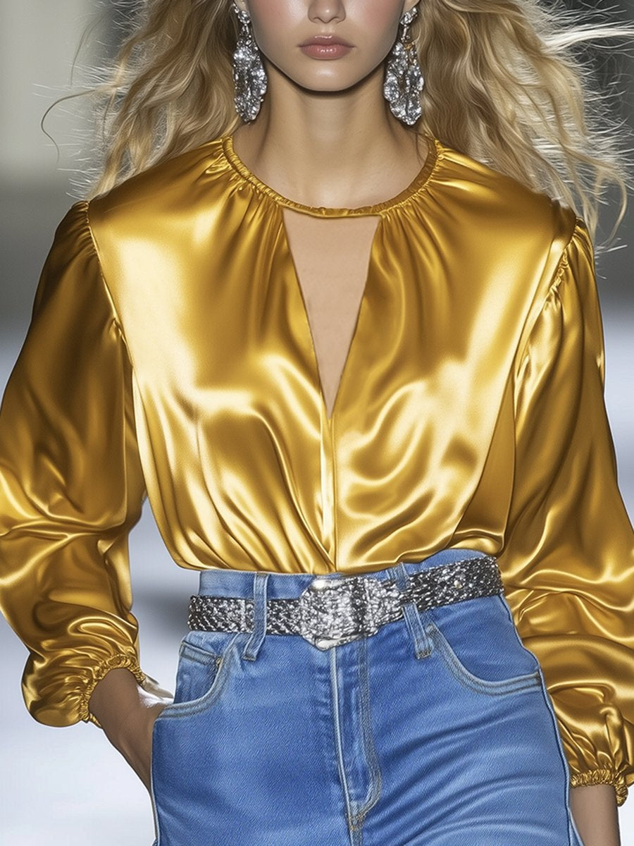 Fashionable and Elegant Gold Hollow Collar Satin Shirt