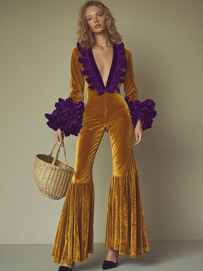 Fashion Party Purple Ruffle Long Sleeve Flared Gold Velvet Jumpsuit