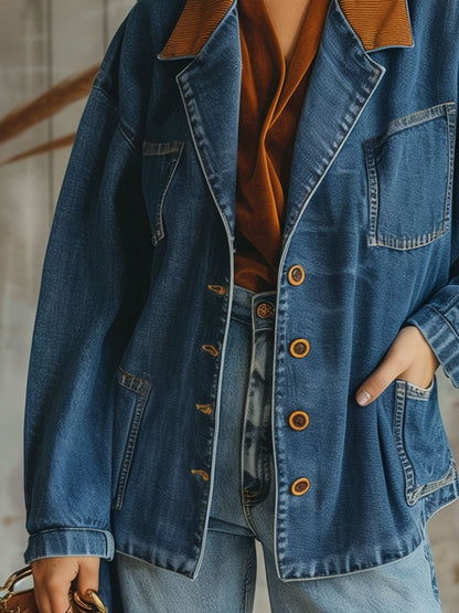 Casual Loose Retro Denim Corduroy Patchwork Multi-Pocket Blazer