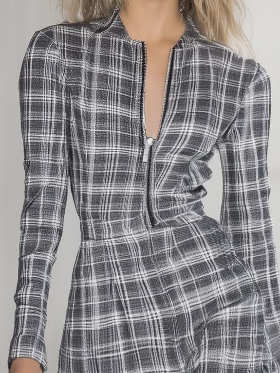 Fashion Plaid Zipper Stand Collar Long Sleeve Mini Dress