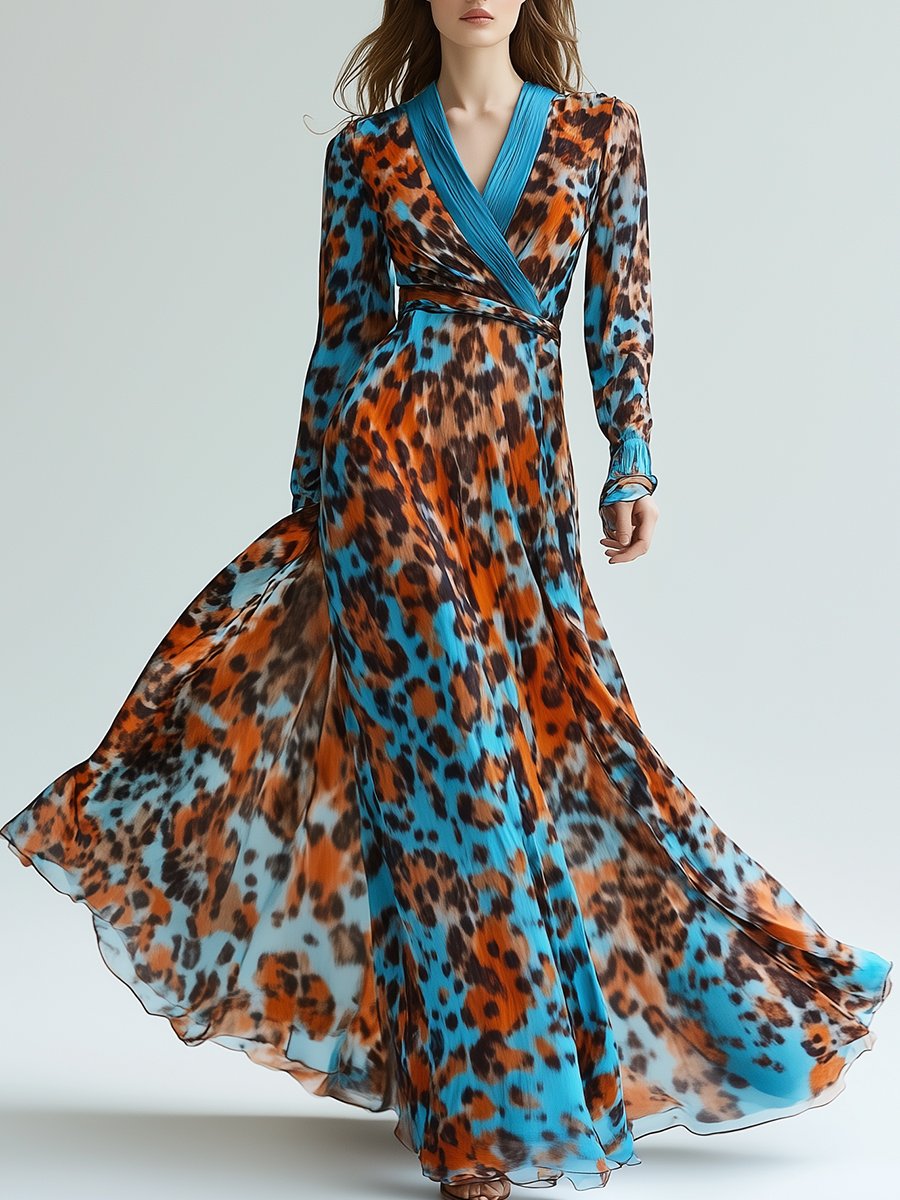 Fashionable High-end V-neck Leopard Print Long-sleeved Maxi Dress