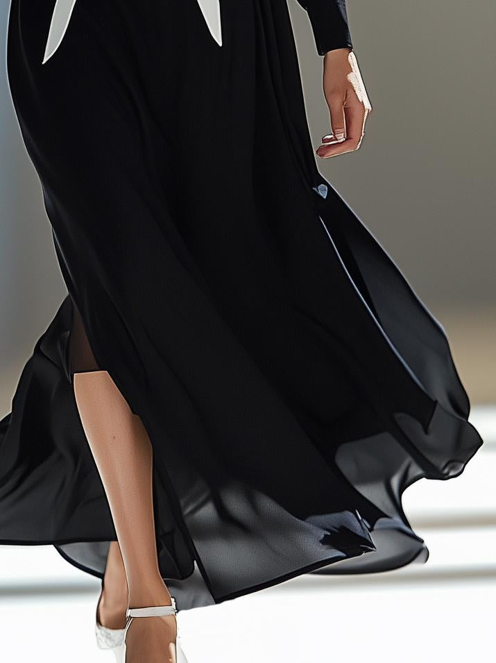 Classic Elegant Black Chiffon Lapel Long Sleeve Maxi Dress