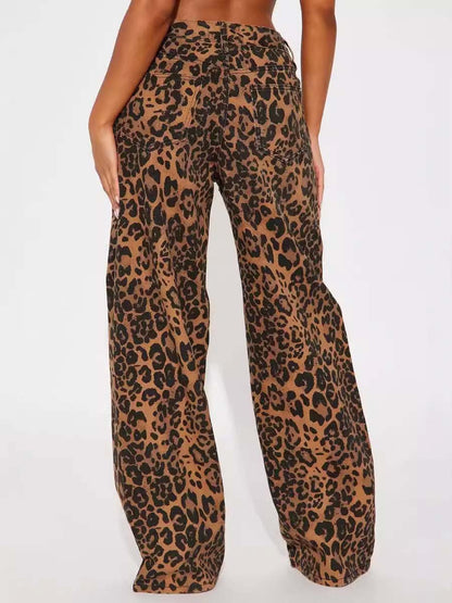 Vintage Fashion Leopard Loose Wide-Leg Jeans