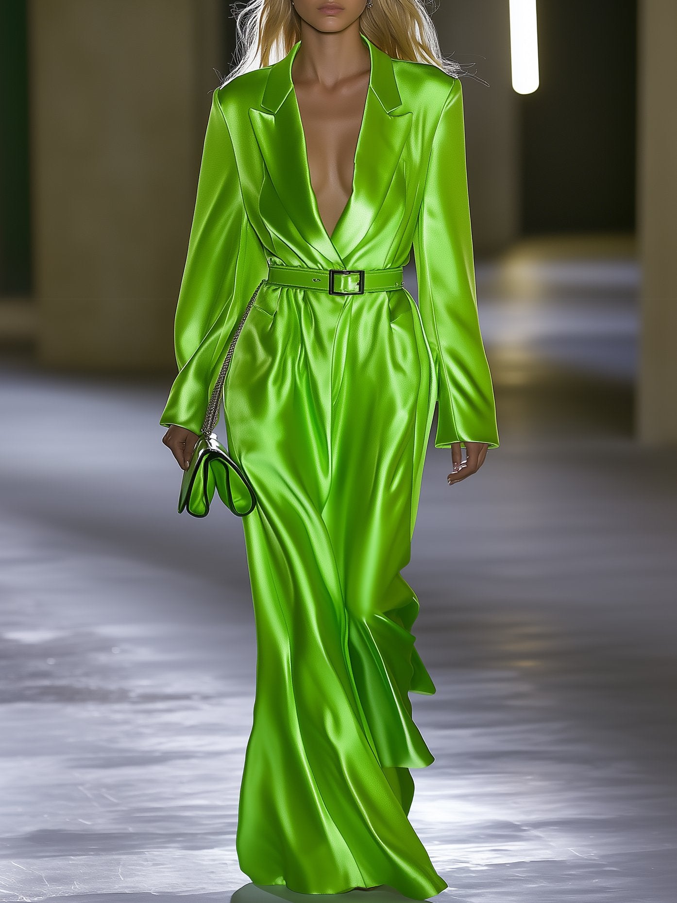 Pretty Fluorescent Green Satin Lapel Long Sleeve Maxi Dress