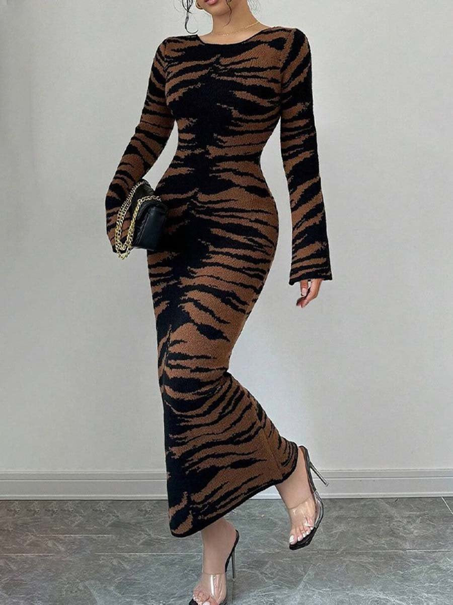 High-End And Fashionable Slim Fit Zebra-Print Suede Dress