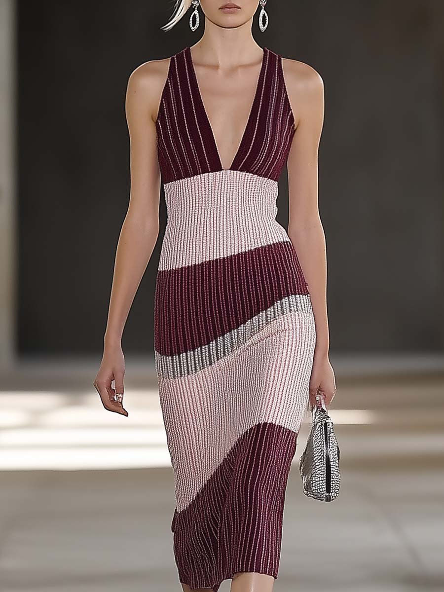 Elegant Vest-style V-neck Burgundy and Light Pink Contrast Knitted Midi Dress