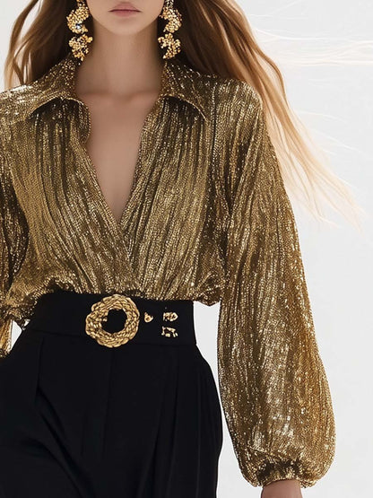 High-end Fashion V-neck Lantern Sleeves Gold Shiny Texture Shirt