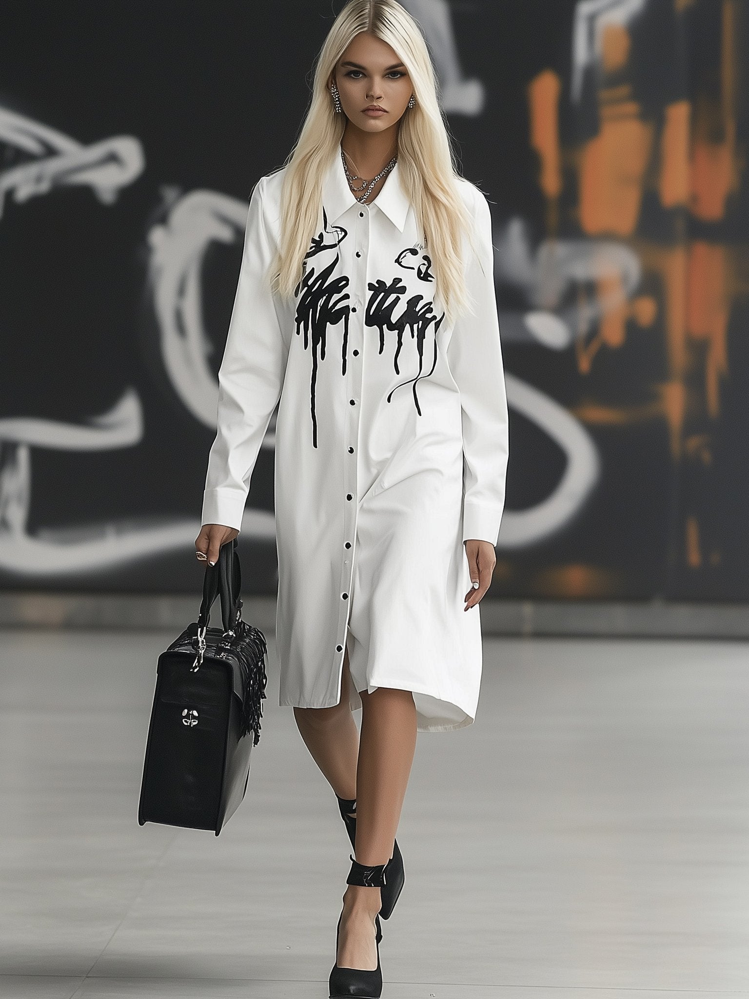 Casual Loose Letter Printed White Shirt Long Sleeve Midi Dress