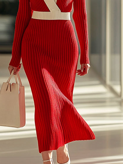 Fashion Retro Color Matching Red Long-Sleeved Knitted Midi Dress