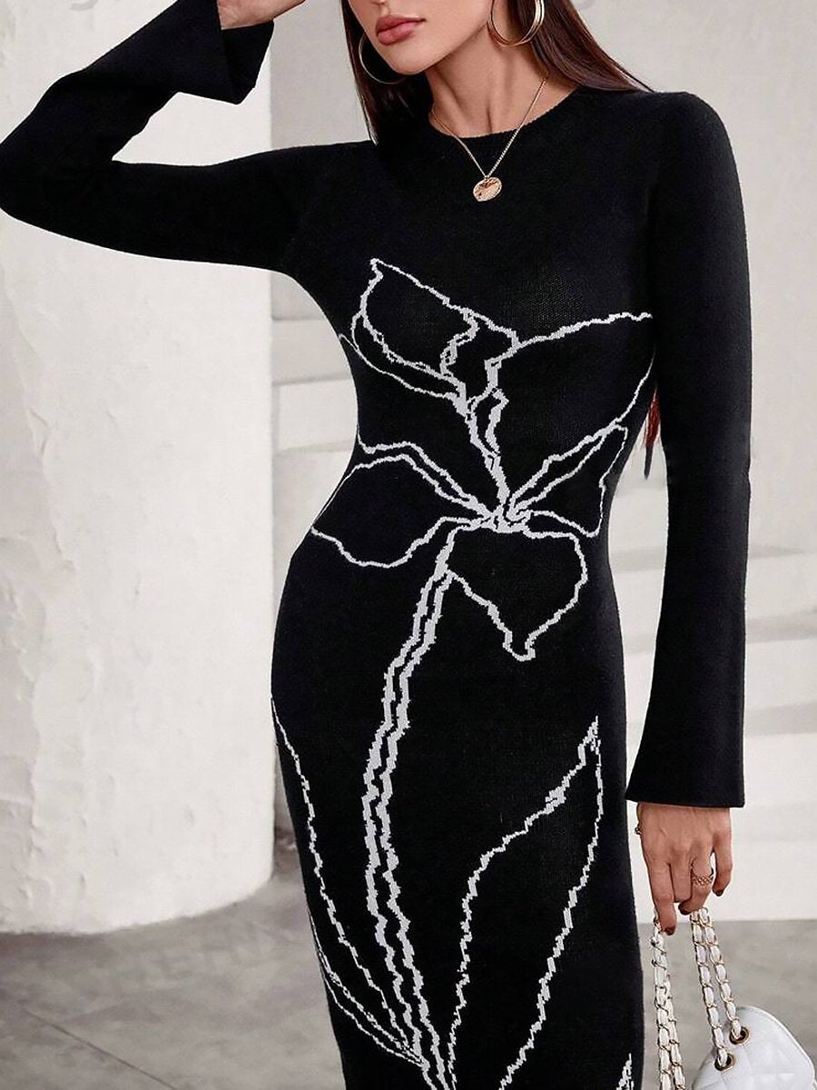 High-End Fashionable Temperament White Floral Knitted Midi Dress