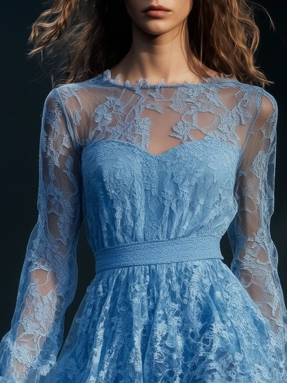 Elegant and Charming See-through Neckline Blue Lace Mini Dress