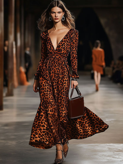 V-Neck Fashionable Party Velvet Leopard Print Long-Sleeved Maxi Dress