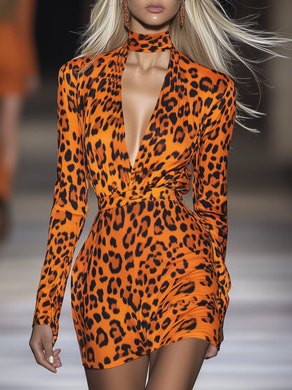 Trendy Orange Leopard Print Long Sleeve Mini Dress