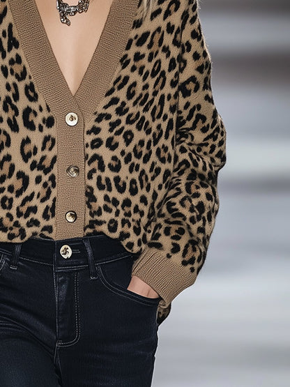 Retro Loose Lazy Style V-Neck Leopard Print Knit Cardigan