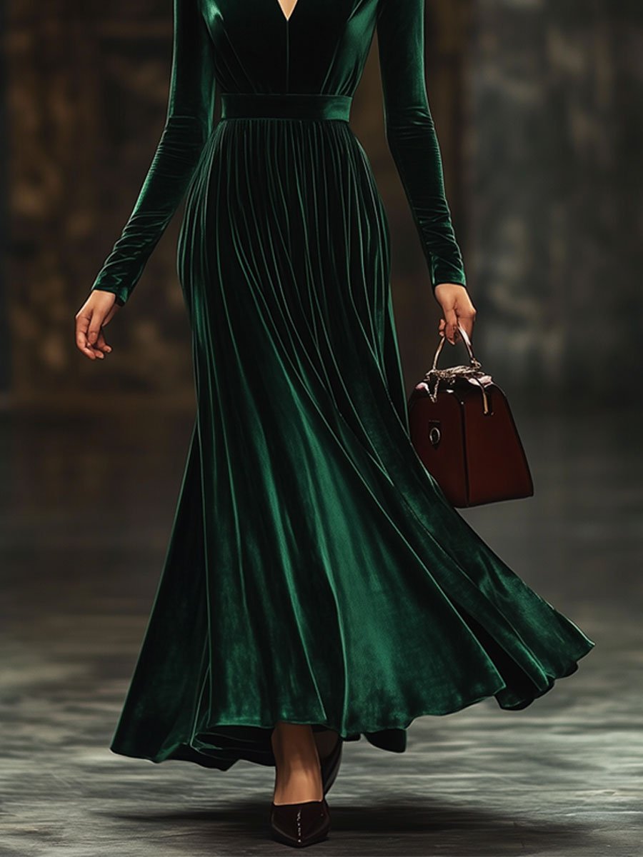 V-Neck Fashionable Simple Solid Color Velvet Long-Sleeved Maxi Dress