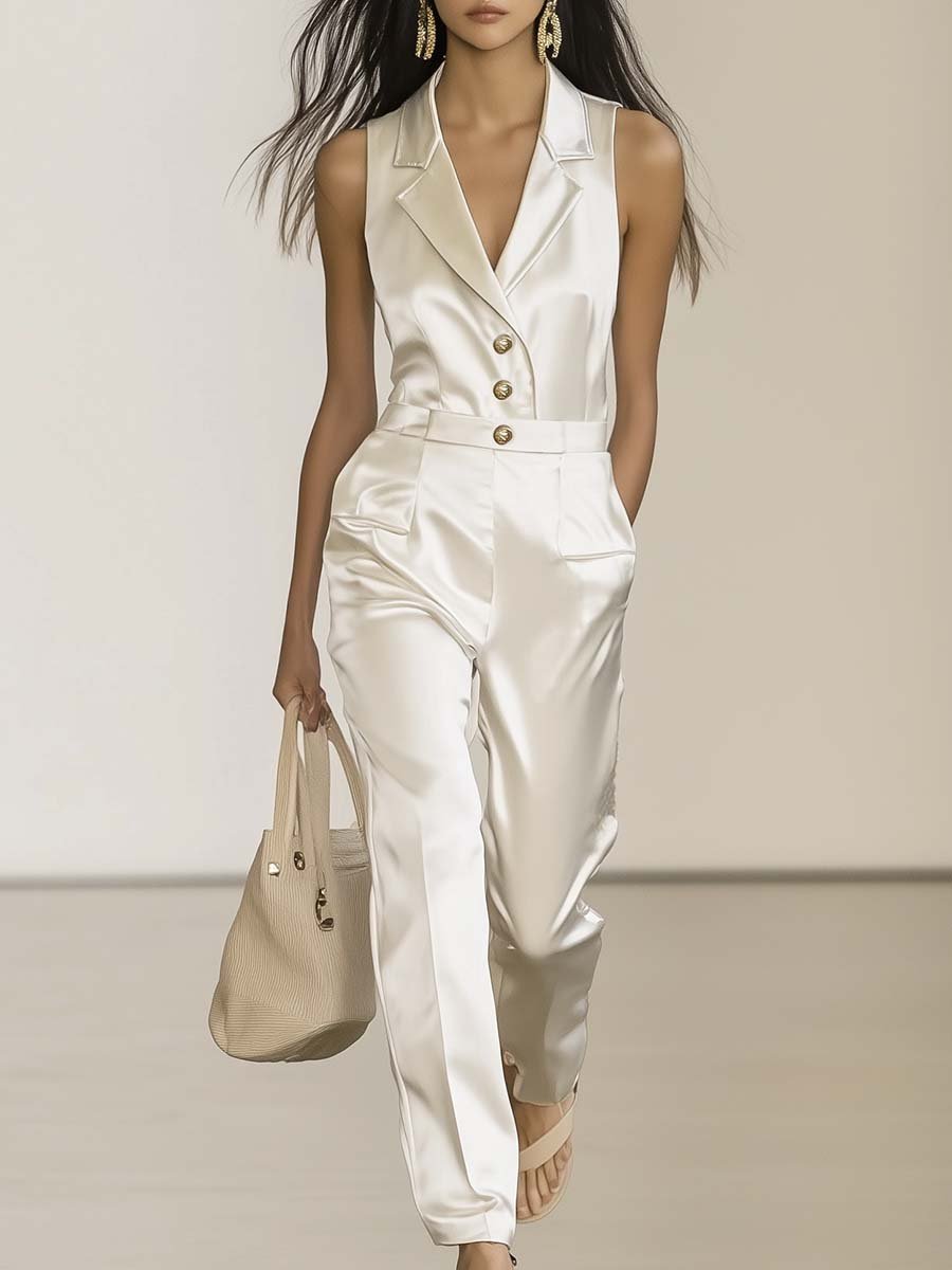 Elegant Commuter Suit Style Vest White Satin Jumpsuit