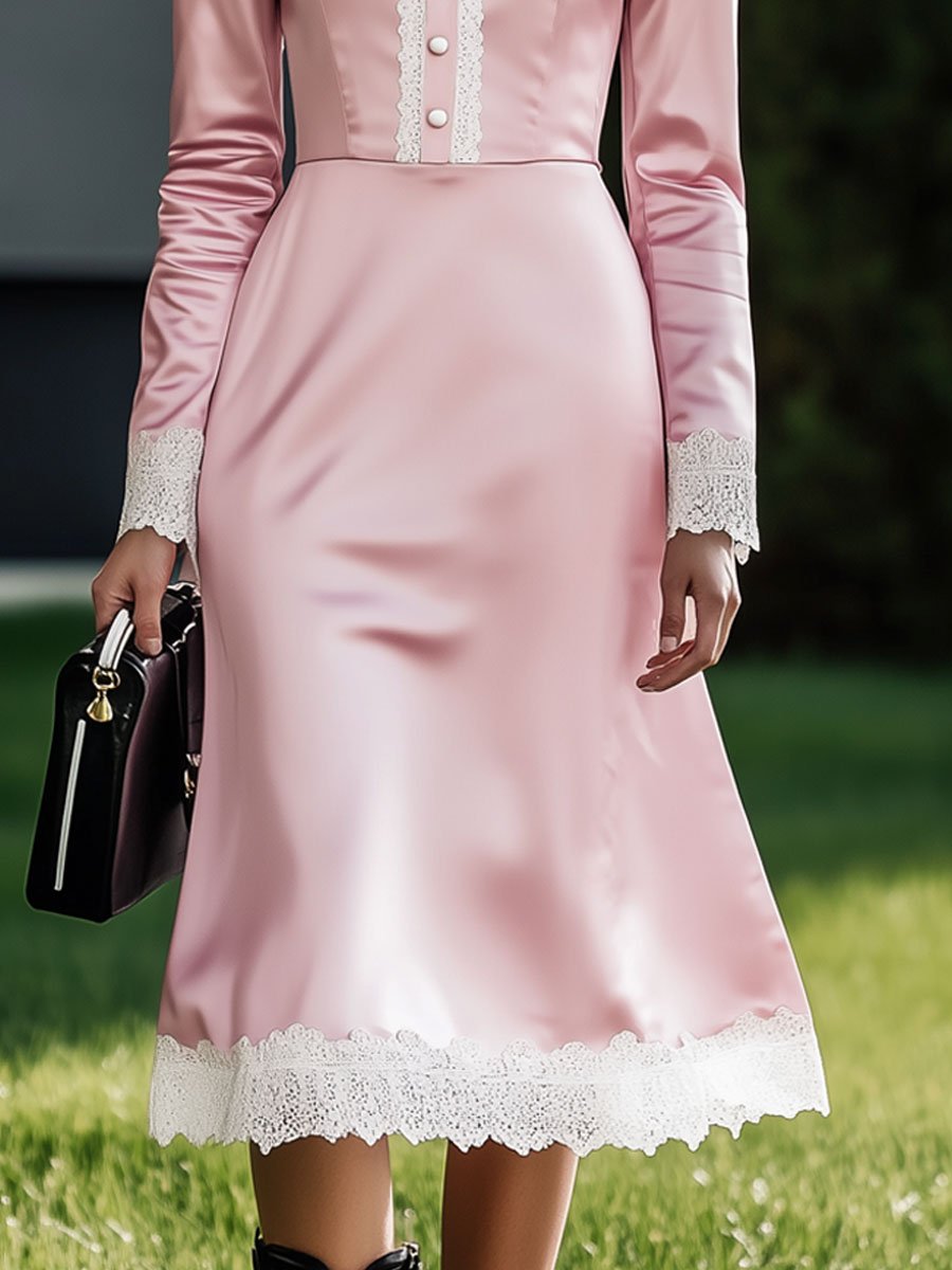 Retro Party White Lace Trim Pink Satin Long Sleeve Midi Dress