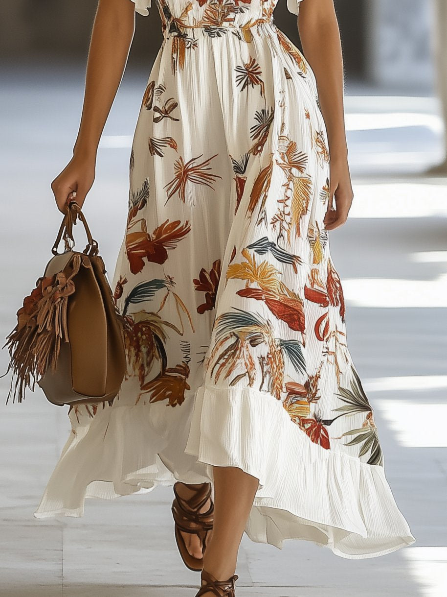 Vibrant Tropical Print Short Sleeve Maxi Dress