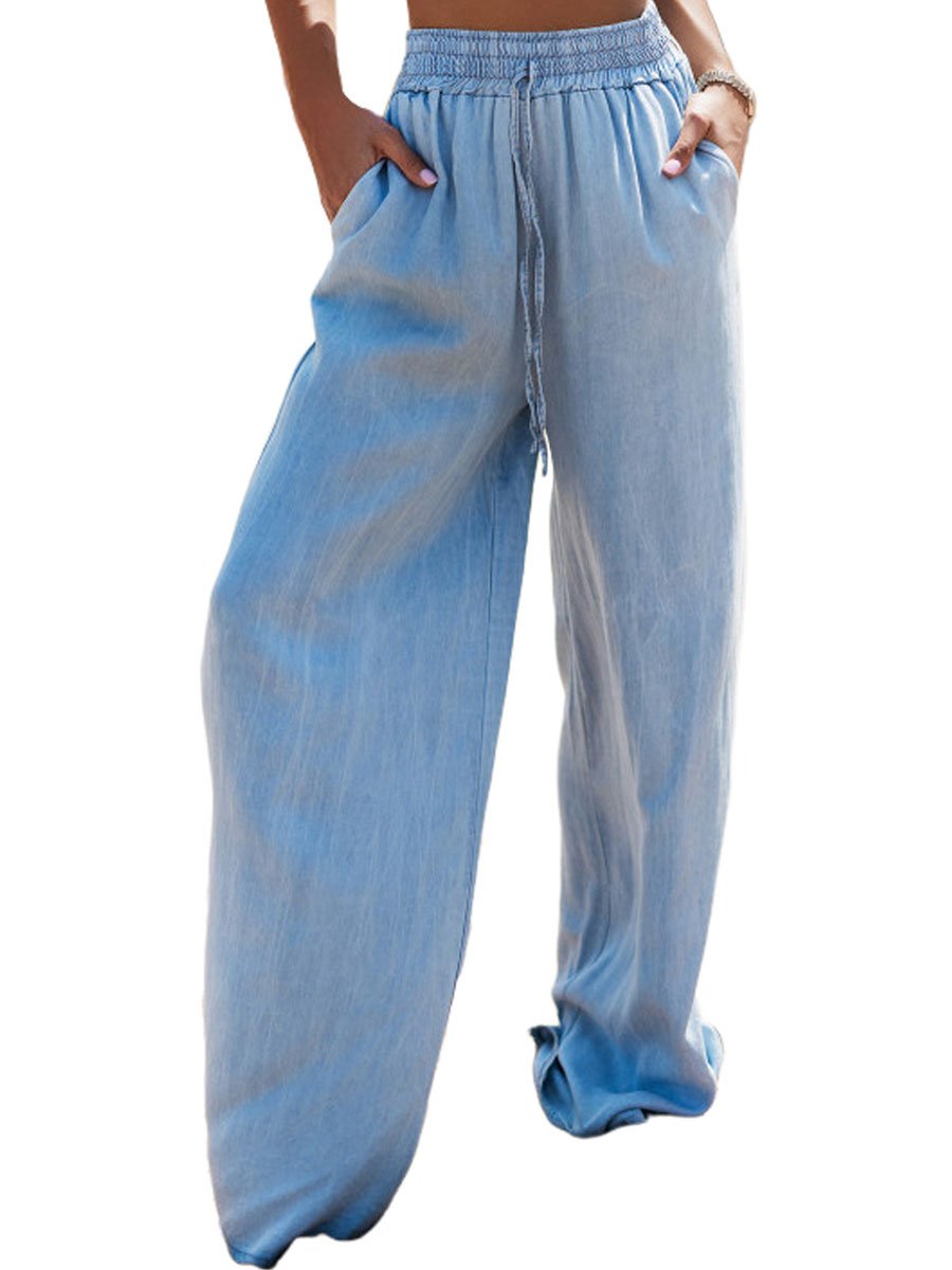 Casual Loose Light Blue Elastic Waist Wide-Leg Jeans