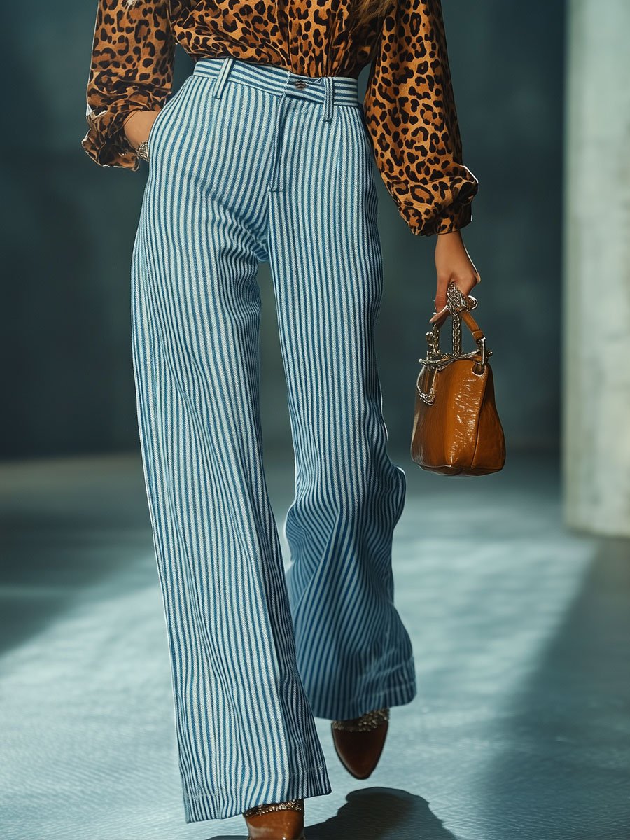 Casual Loose Striped High Waist Pocket Straight Pants