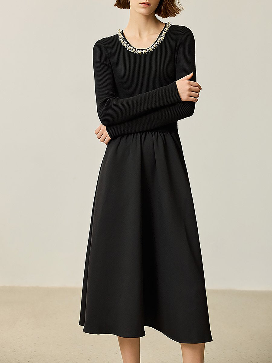 High-End Elegant And Fashionable French Black Round Neck Midi Dress